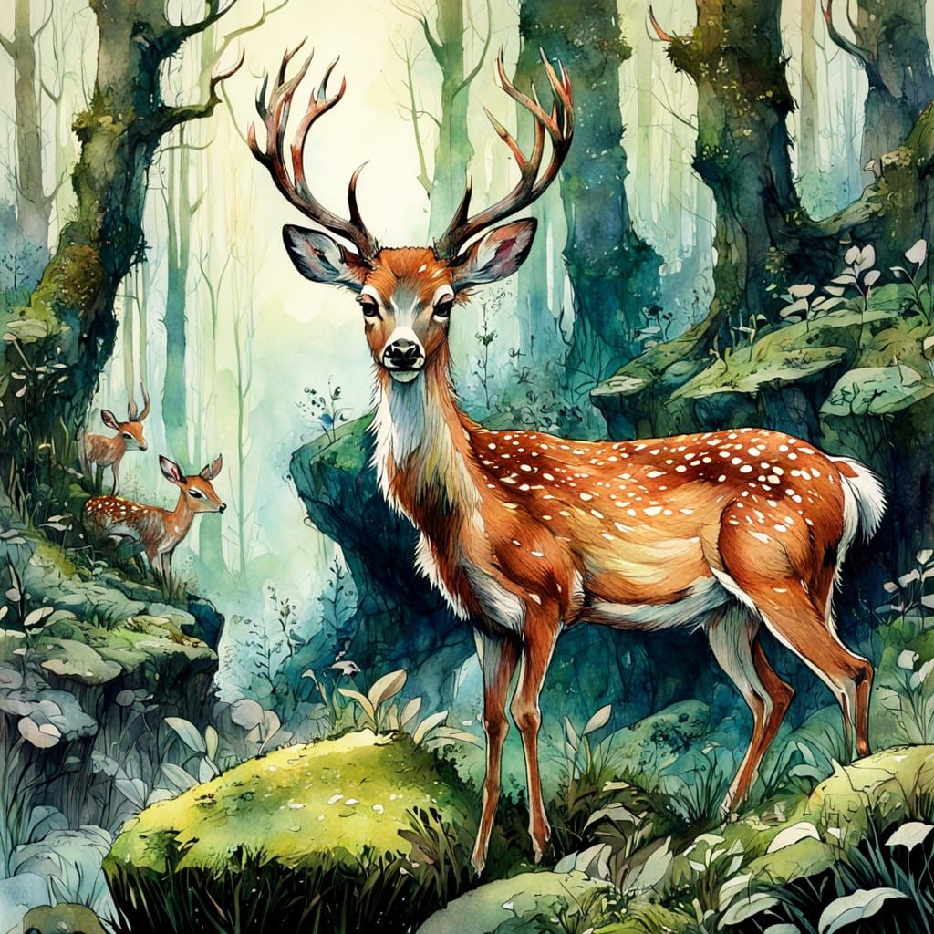 Whimsical Forest Scene in Hyperealistic Watercolour Style