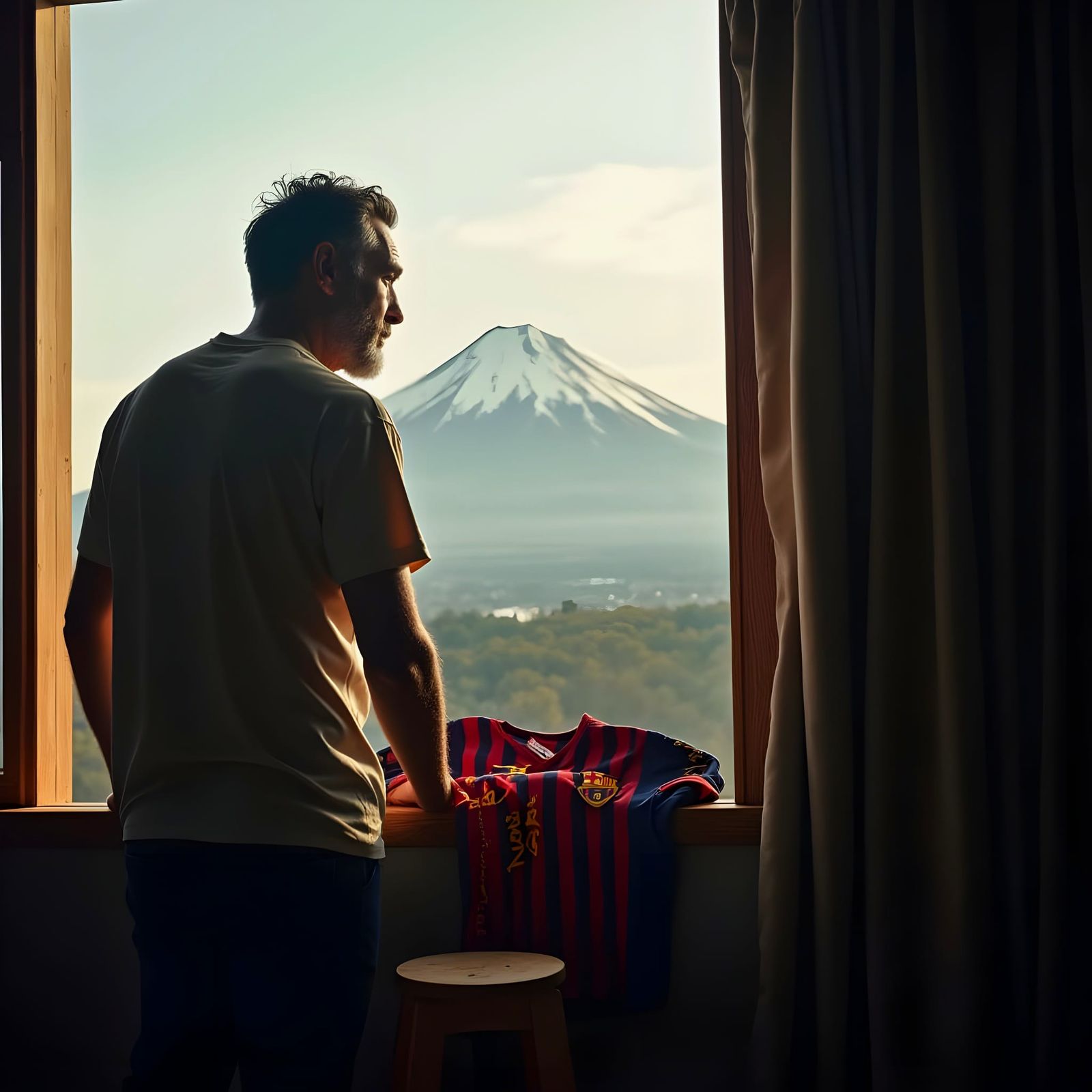 Contemplative Man Gazing at Fujiyama in Muted Earth Tones