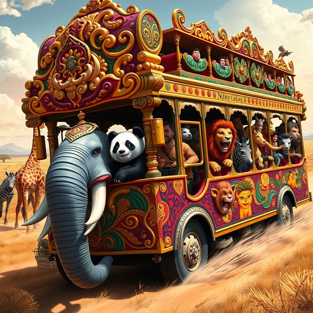 Whimsical Sightseeing Bus in Colorful African Landscape