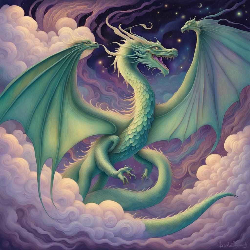 Dragons in Aurora Borealis: Symbolist Art Nouveau Painting