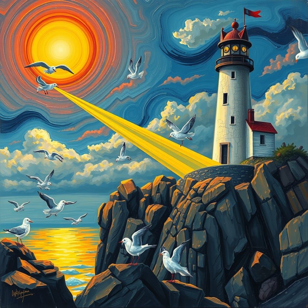 Lighthouse Emitting Cat-Shaped Lasers in Neo-Impressionism