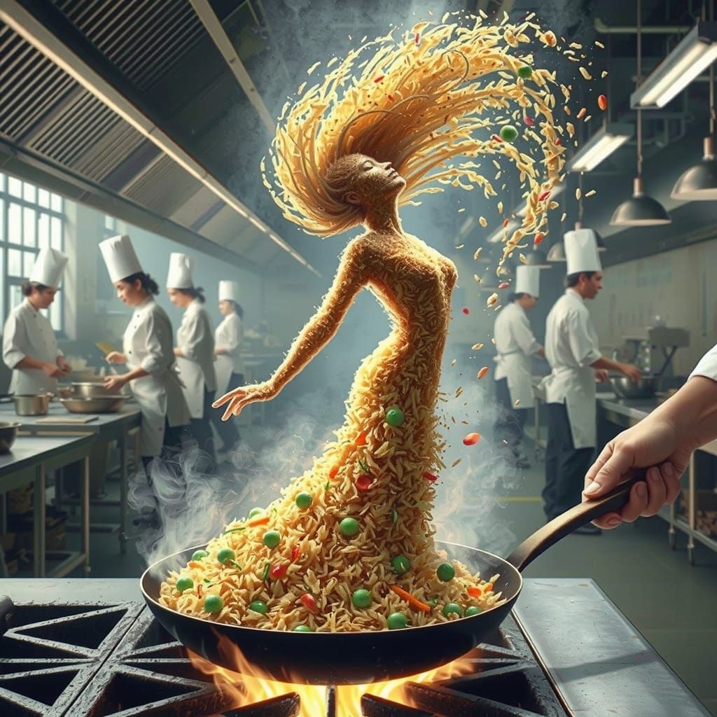 Chef Cooks Fiery Fried Rice, Illusion of Dancing Woman