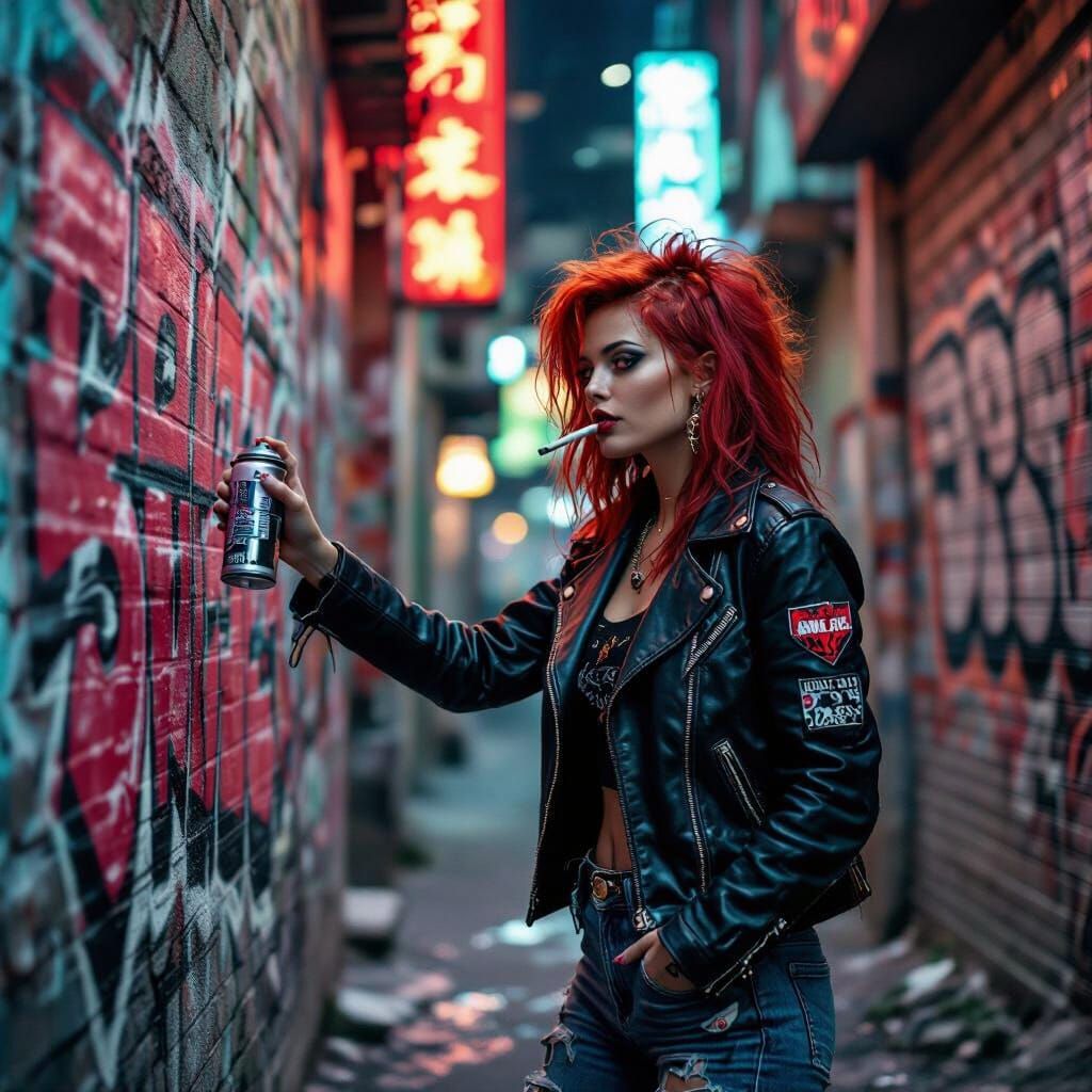 Fiery Graffiti Artist in Gritty Urban Alleyway