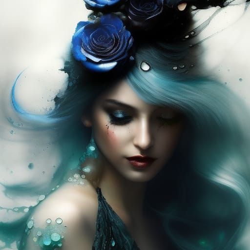 Surreal Black Rose with Light Particles and Water Drops