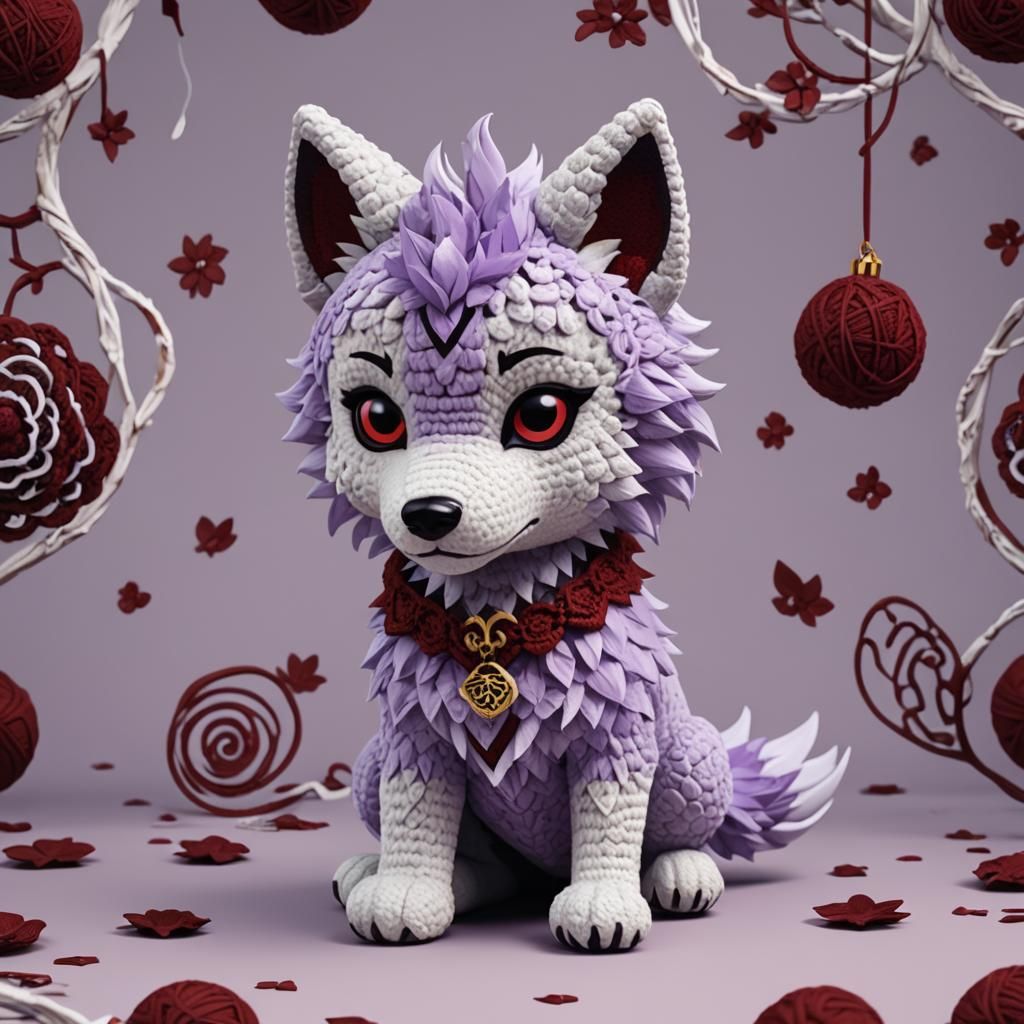 Cute Chibi Purple Wolf Crochet Plushie in Anime Style