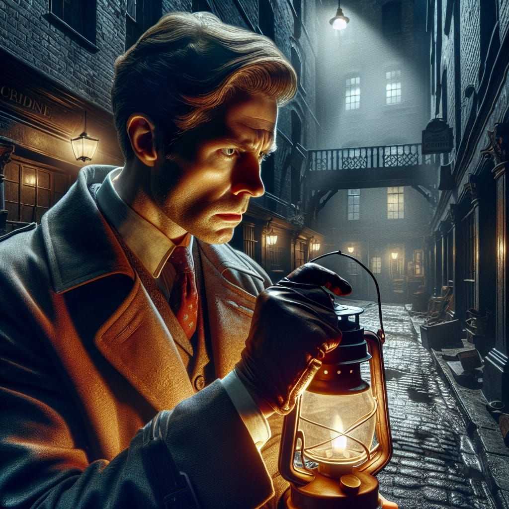 Scotland Yard Detective Investigates Crime in Dim Alley