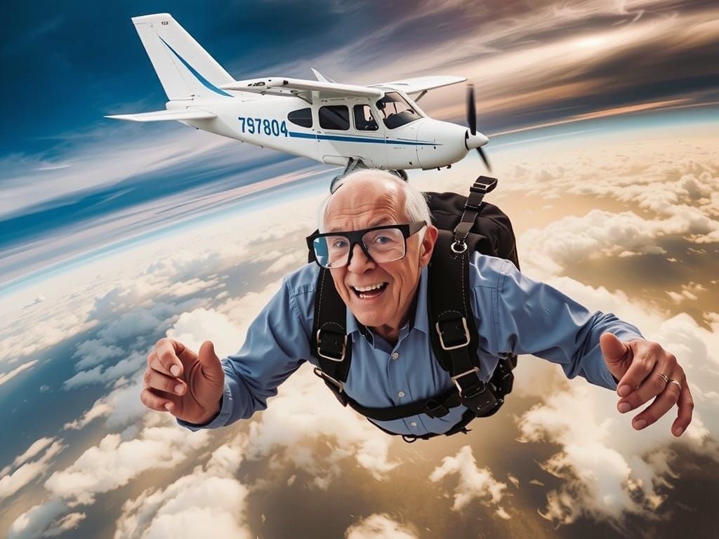 Joyful 100-Year-Old Skydiving Grandpa in Cinematic Photo