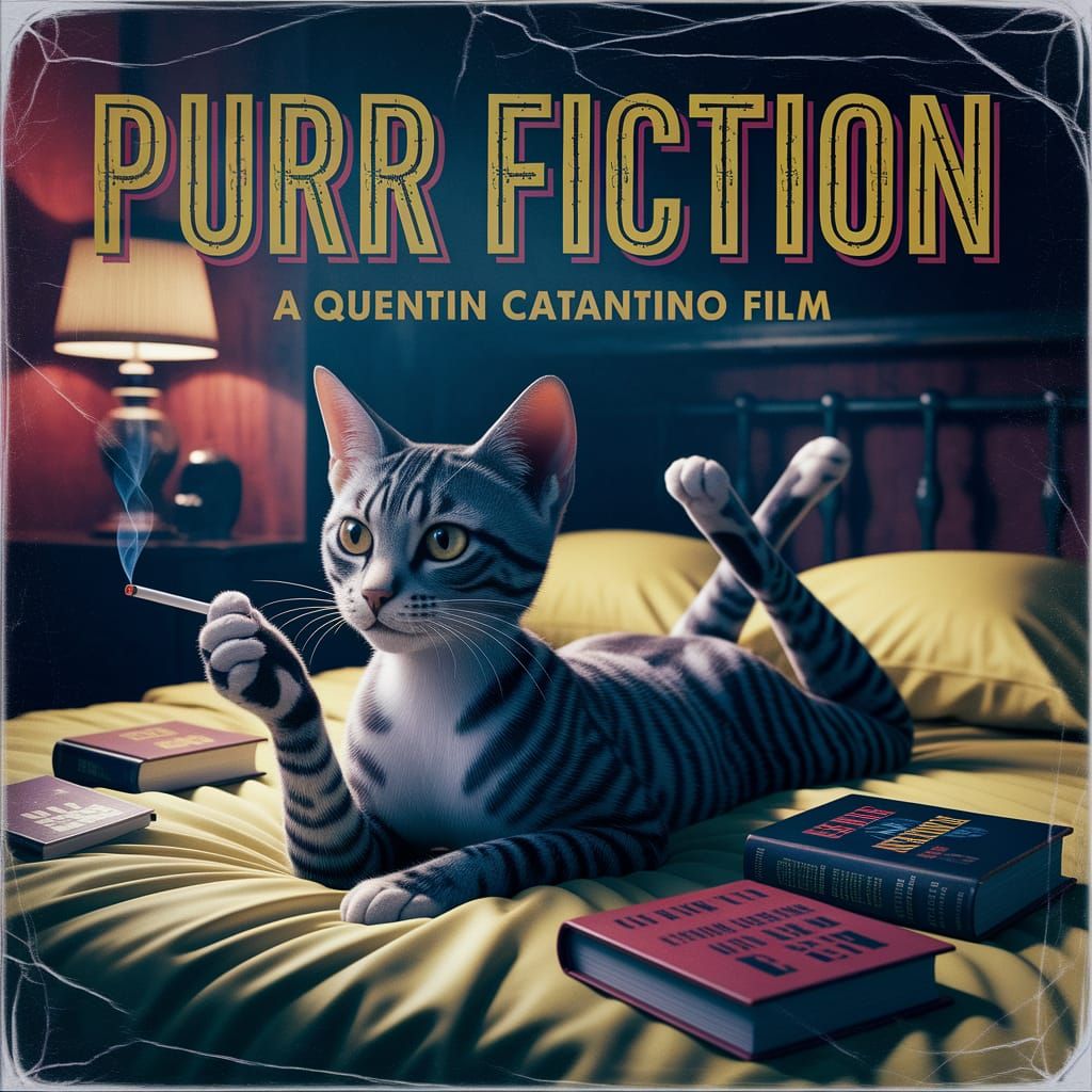Grungy 1990s Pulp Cat Poster: Purr Fiction