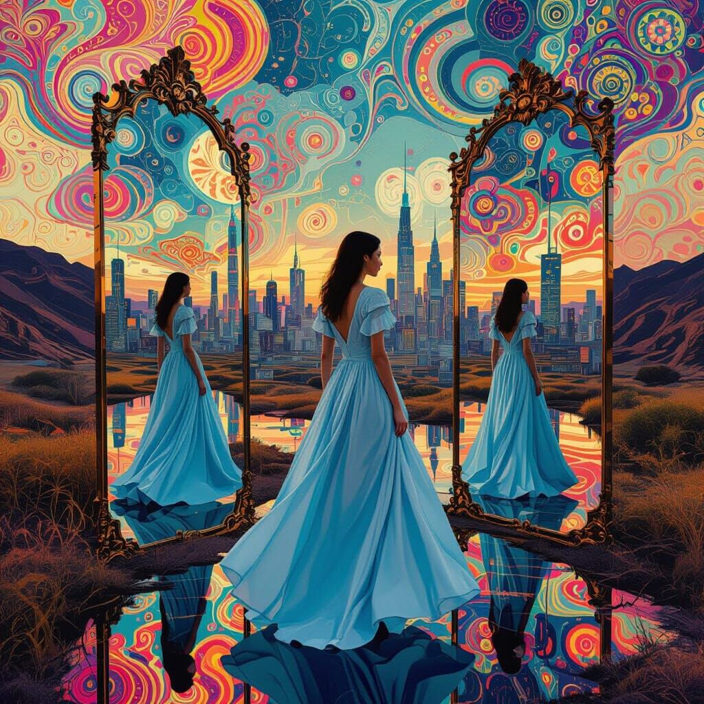 Surreal Woman in Cyberpunk Dreamscape, Art Nouveau Style