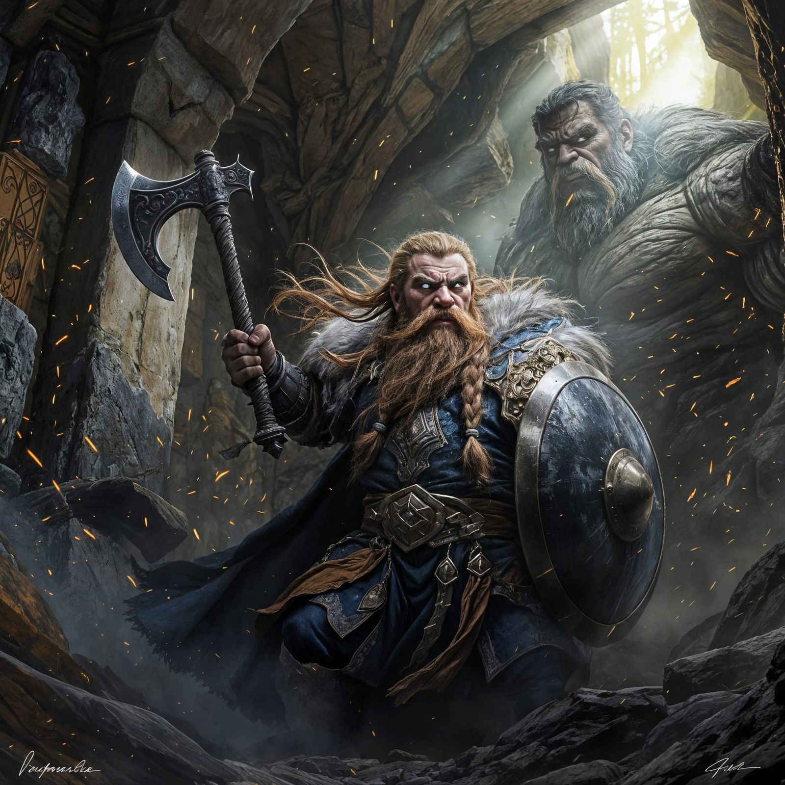 Dwarf Warrior Battling Giant in Ancient Hall