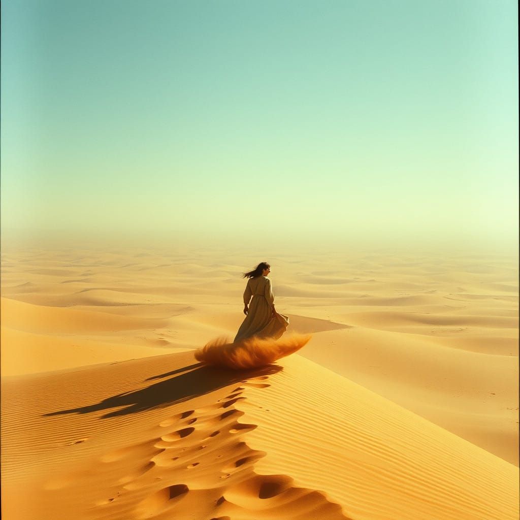 Golden Desert Figure in Turbulent Sandstorm