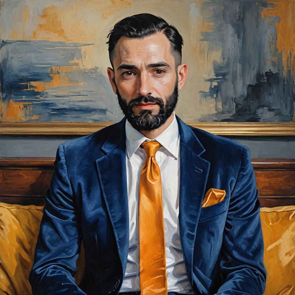 Smiling Man in Blue Velvet Suit, Impressionist Oil Painting