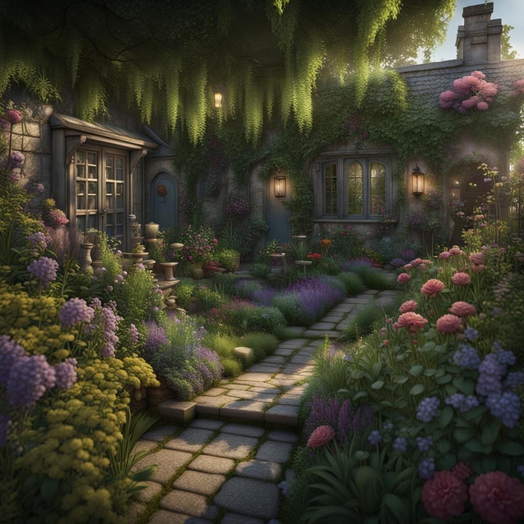 Lush Urban Cottage Garden: Detailed Matte Painting