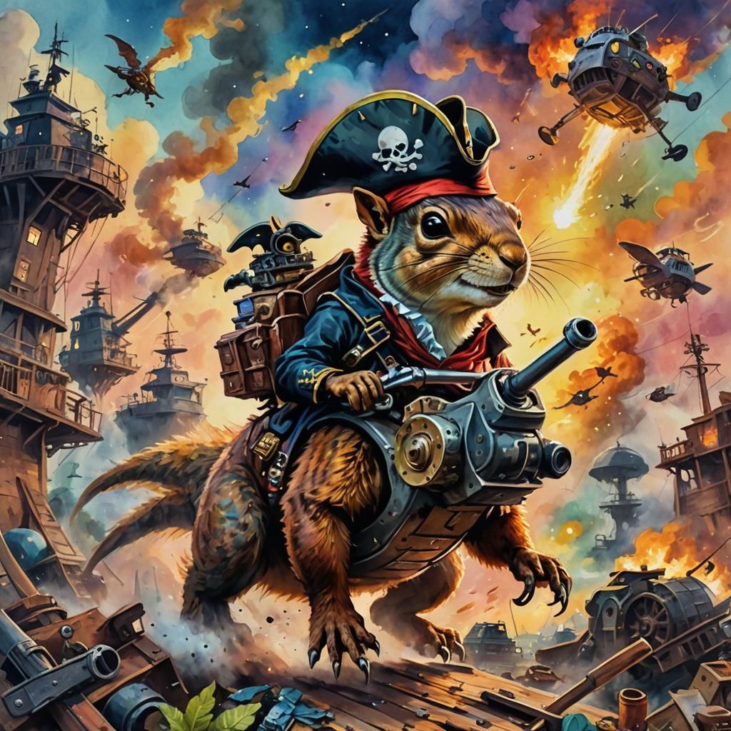 Squirrel Pirate Rides T-Rex in Epic Watercolor