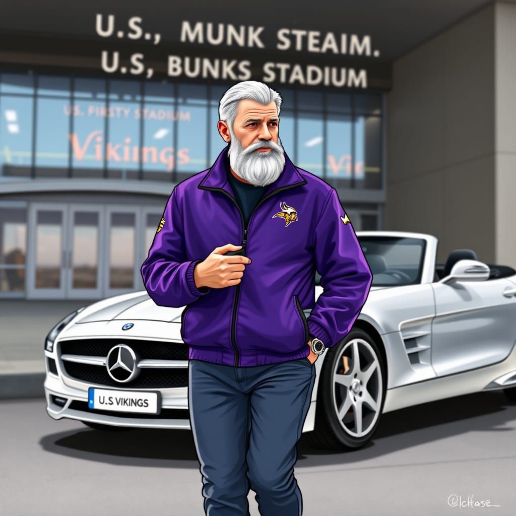 Vikings Fan and Silver Mercedes at U.S. Bank Stadium