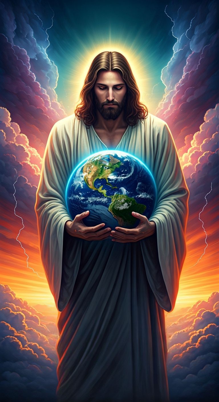 Jesus Cradling Earth Amidst Swirling Clouds