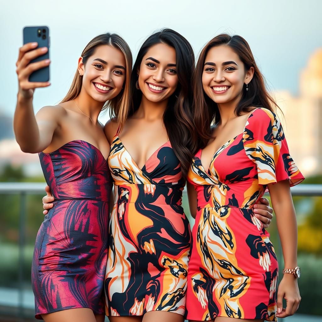 Stylish Young Women in Mini Dresses Selfie