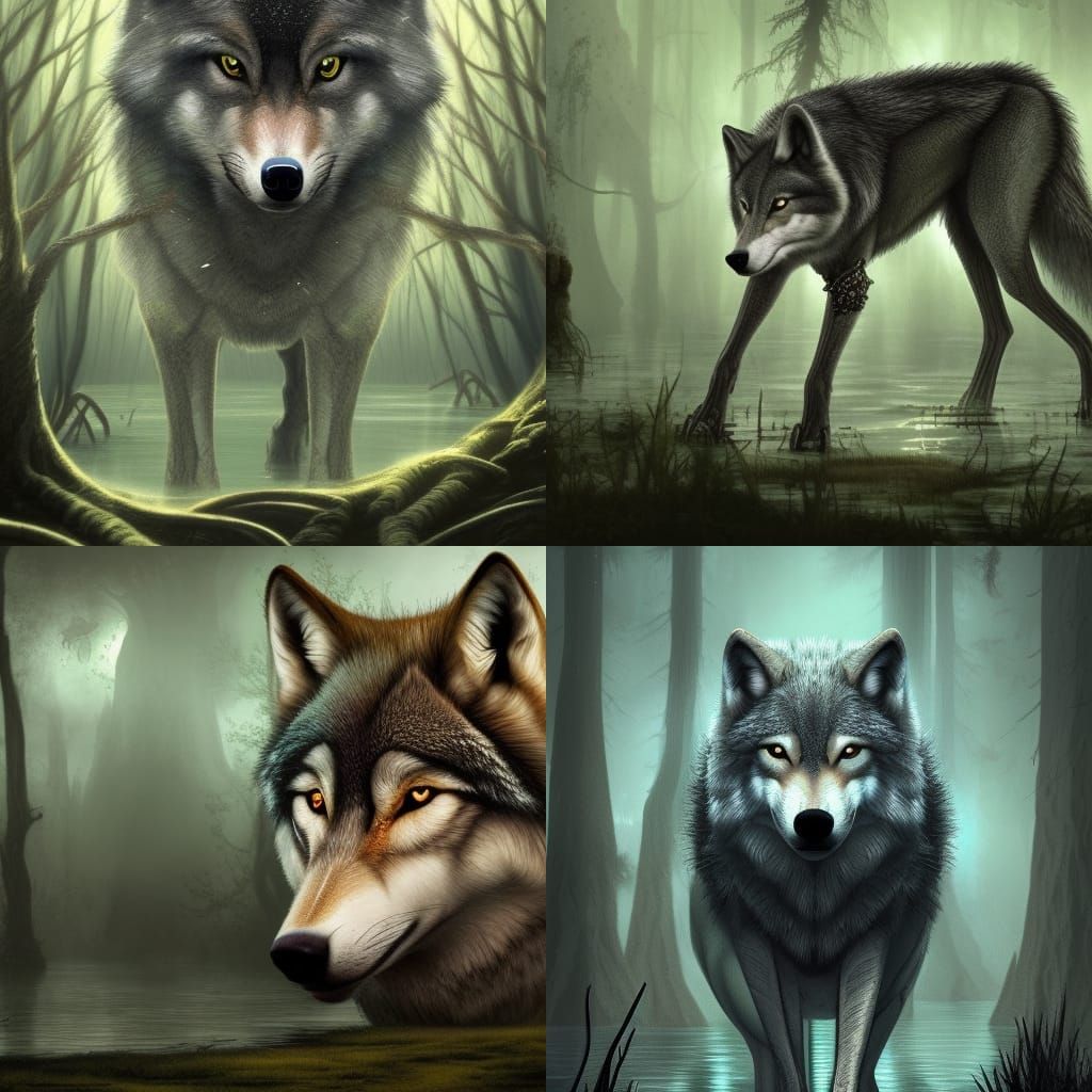 Realistic Wolf with Shredder Heart in Swamp