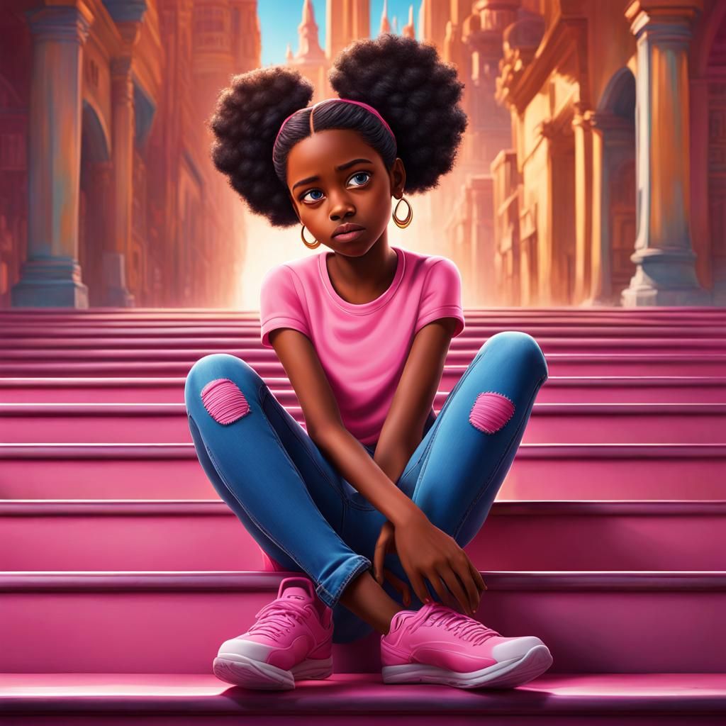 Sad Girl in Pink Shirt: 3D Digital Art