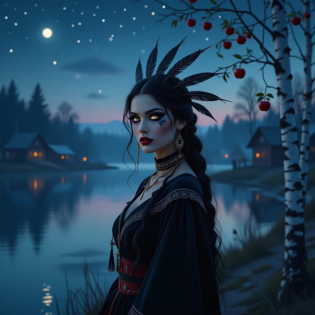 Gothic Model in Lakeside Village Under Starry Night