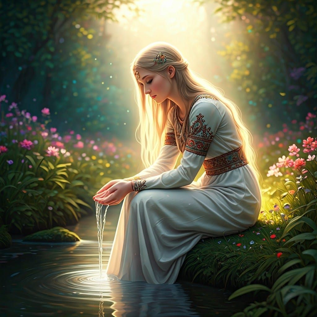 Enchanted Forest Stream: Girl in Art Nouveau Style