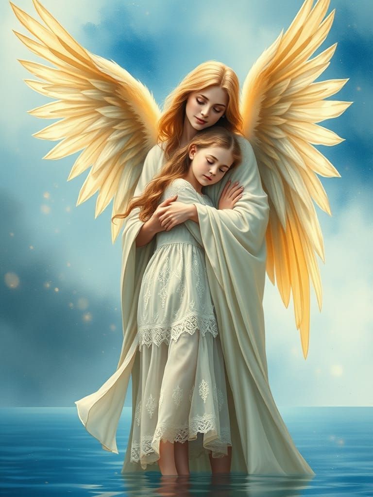 Angel of Peace Enfolds a Young Girl in Ethereal Embrace