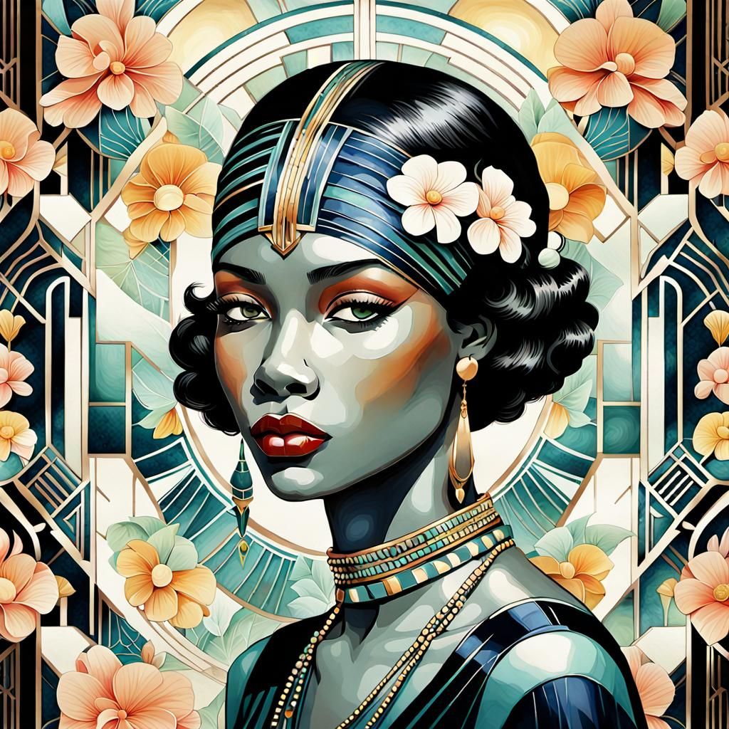 Elegant Art Deco Portrait of African American Woman