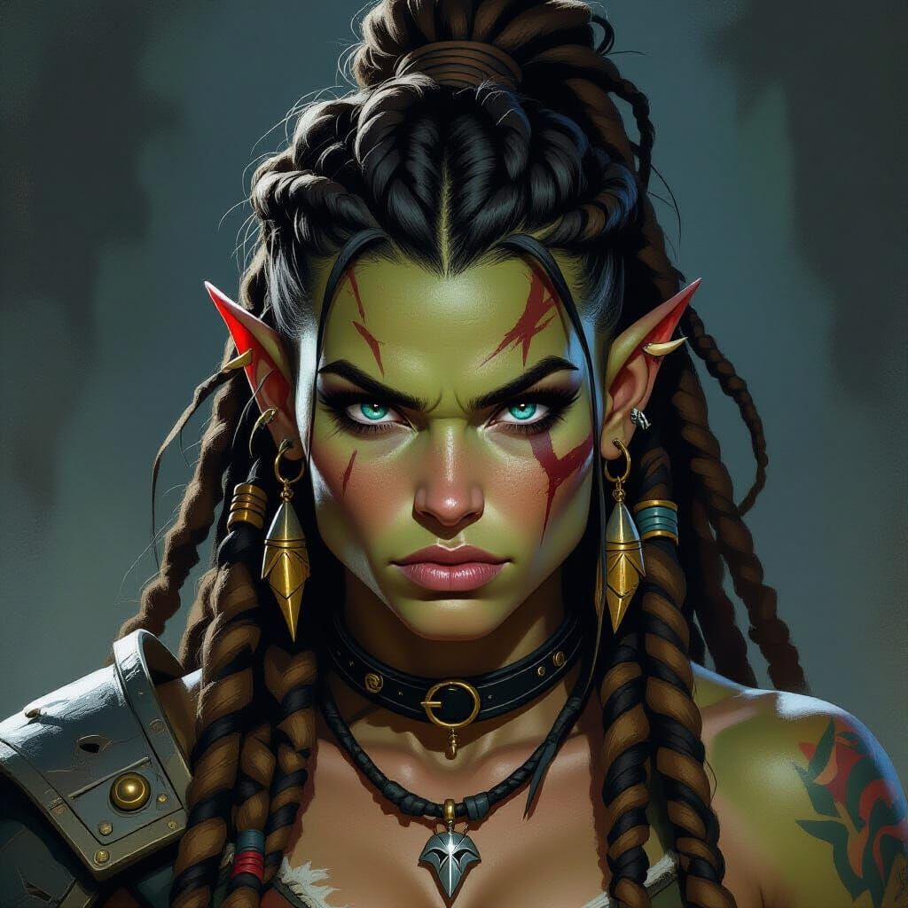 Female Half-Orc Barbarian with Blue Eyes and Tusks