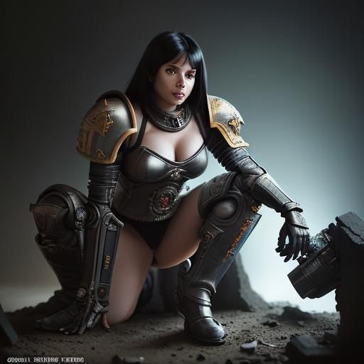 full body battle sister warhammer 40k battle ruins sci-fi Close-up portrait, color portrait, Linkedin profile picture, p...