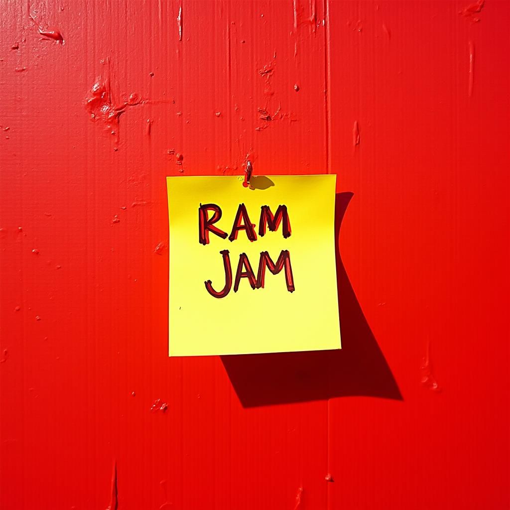 Crimson Wall with "RAM JAM" Note in Gouache Style