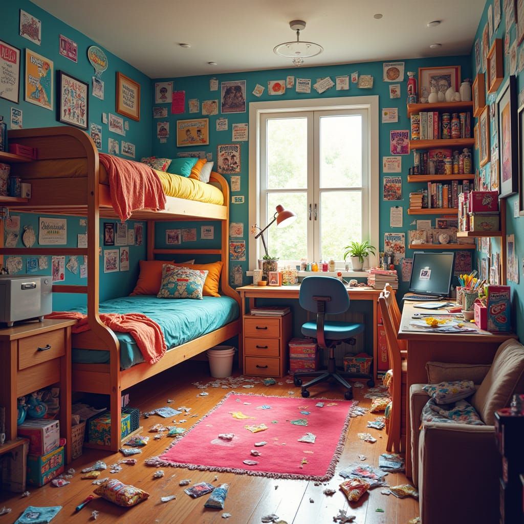 Chaotic Dorm Lounge in Pop Surrealist Style