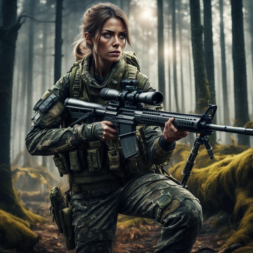 Camo Girl Aims Sniper Rifle in Zombie Forest