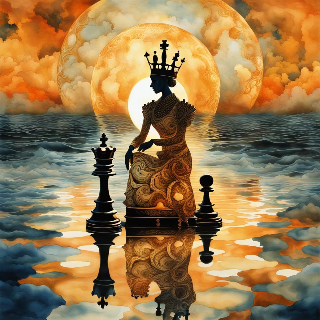 Surreal Chess Queen at Water's Edge in Watercolour