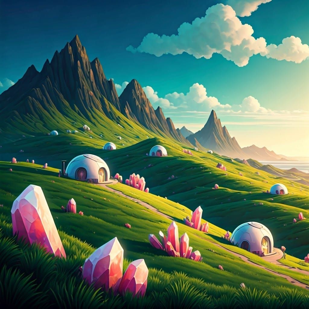 Dreamlike Landscape with Crystal Dome Homes and Emerald Moun...