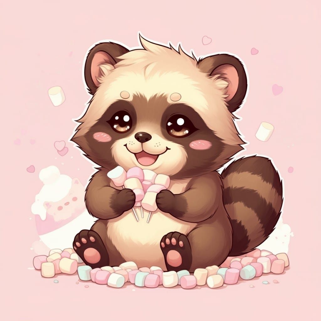 Chibi Tanuki Eating Marshmallows