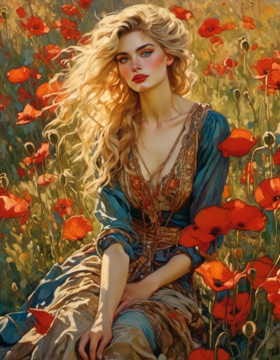 Poppy Field Warrior in Art Nouveau Style