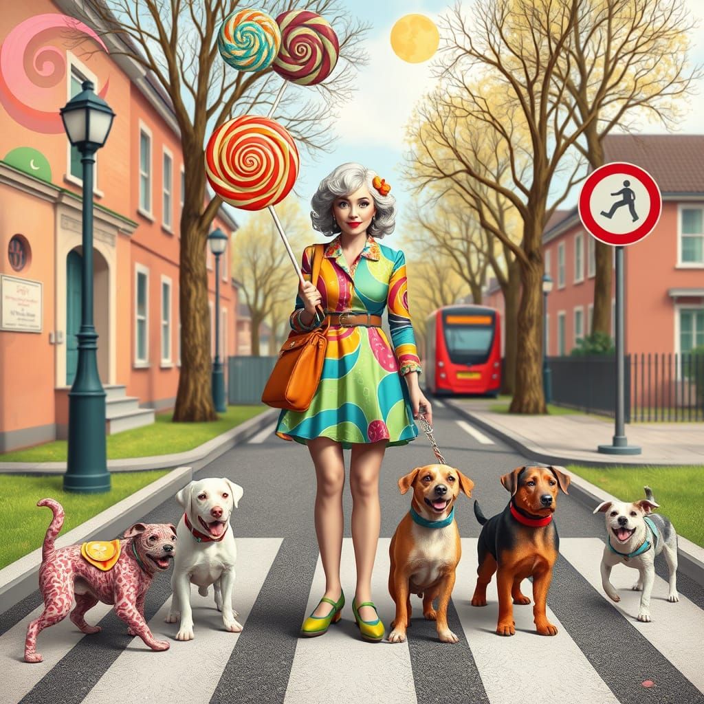 Whimsical Lollipop Lady in Colorful Attire at a School Cross...