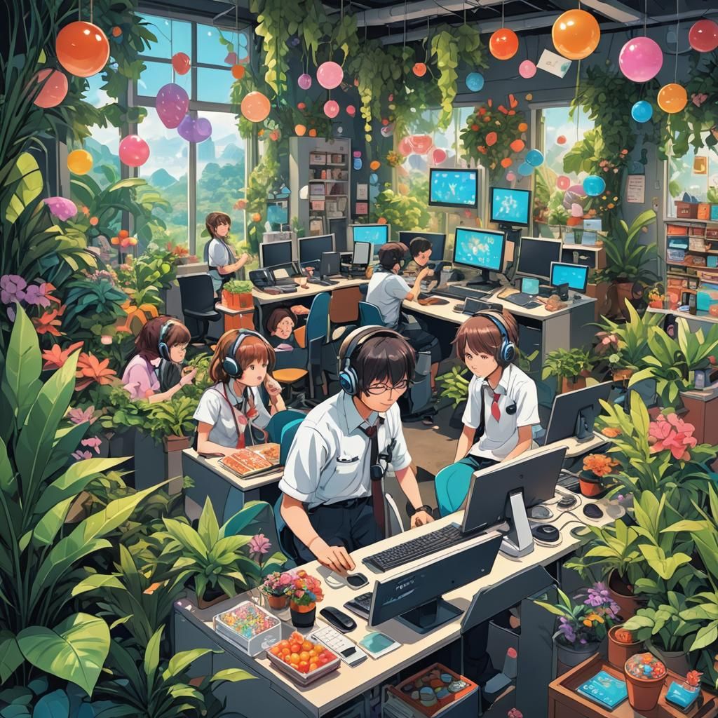 A whimsical and magical scene of a call center staffed by ad...