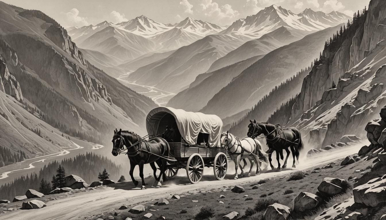 Monochrome Drawing: Horse-Drawn Wagon on Mountain Pass