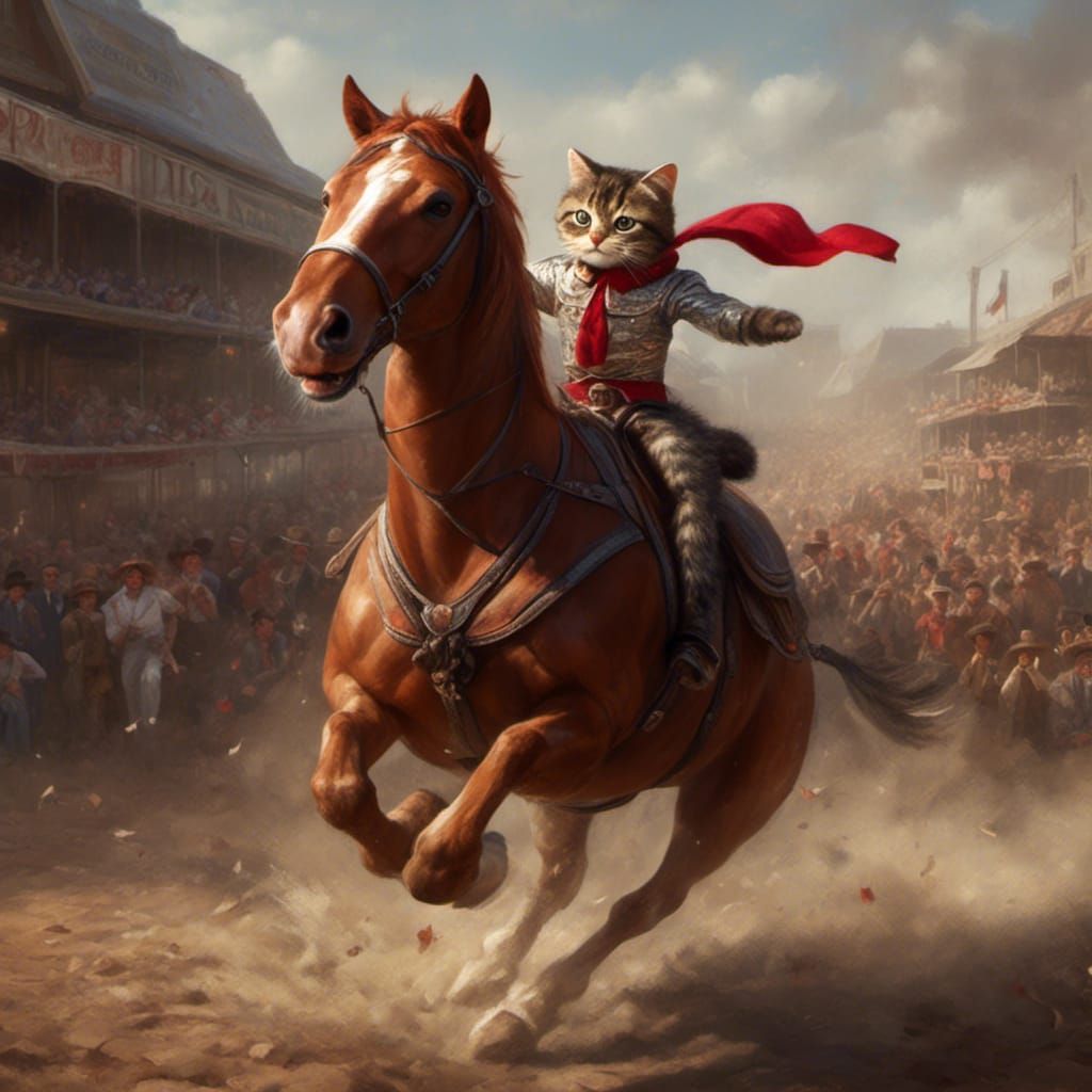 Furry Daredevil Cat Astride Horse at Rodeo