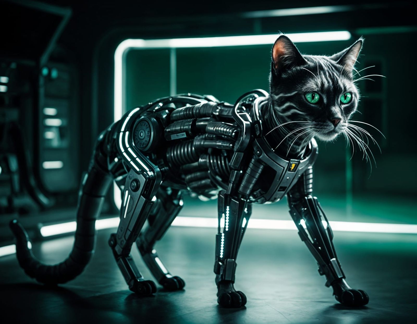 Assimilated Feline Cyborg in Cyberpunk Style