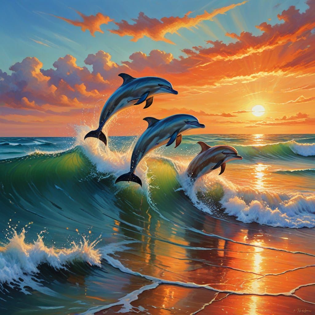 Coquina Beach Dolphins in Impressionist Sunset Painting