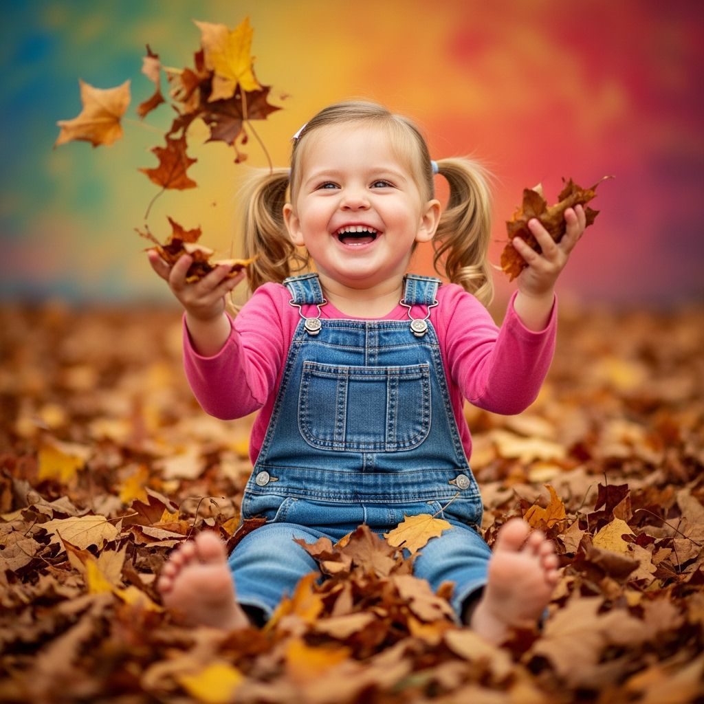 Little Girl Laughing in Fall Leaves, Photorealistic