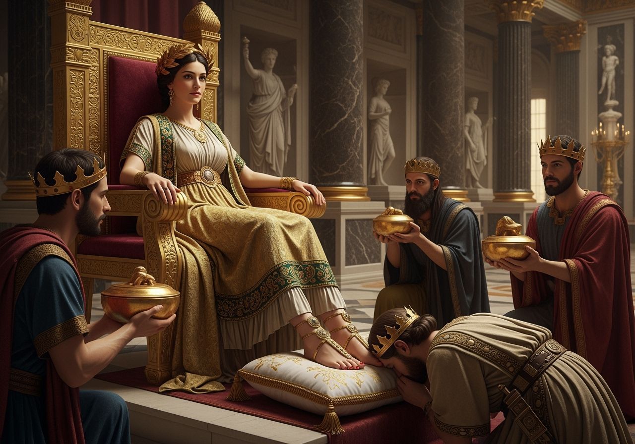 Regal Roman Empress on Gold Throne in Opulent Palace