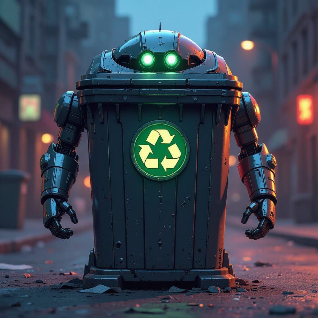 Heroic Robot Trash Can on City Street