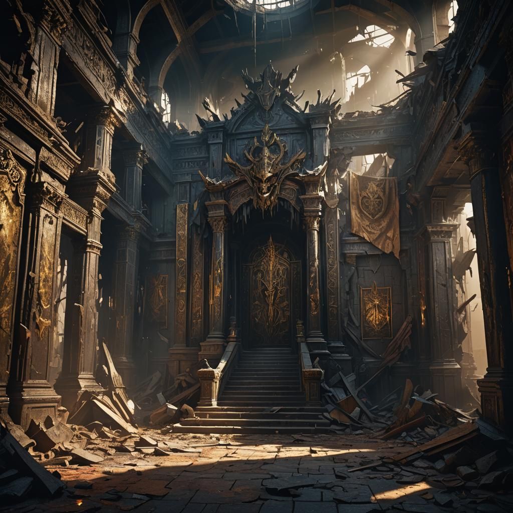 Dark Fantasy Hall with Damaged Throne