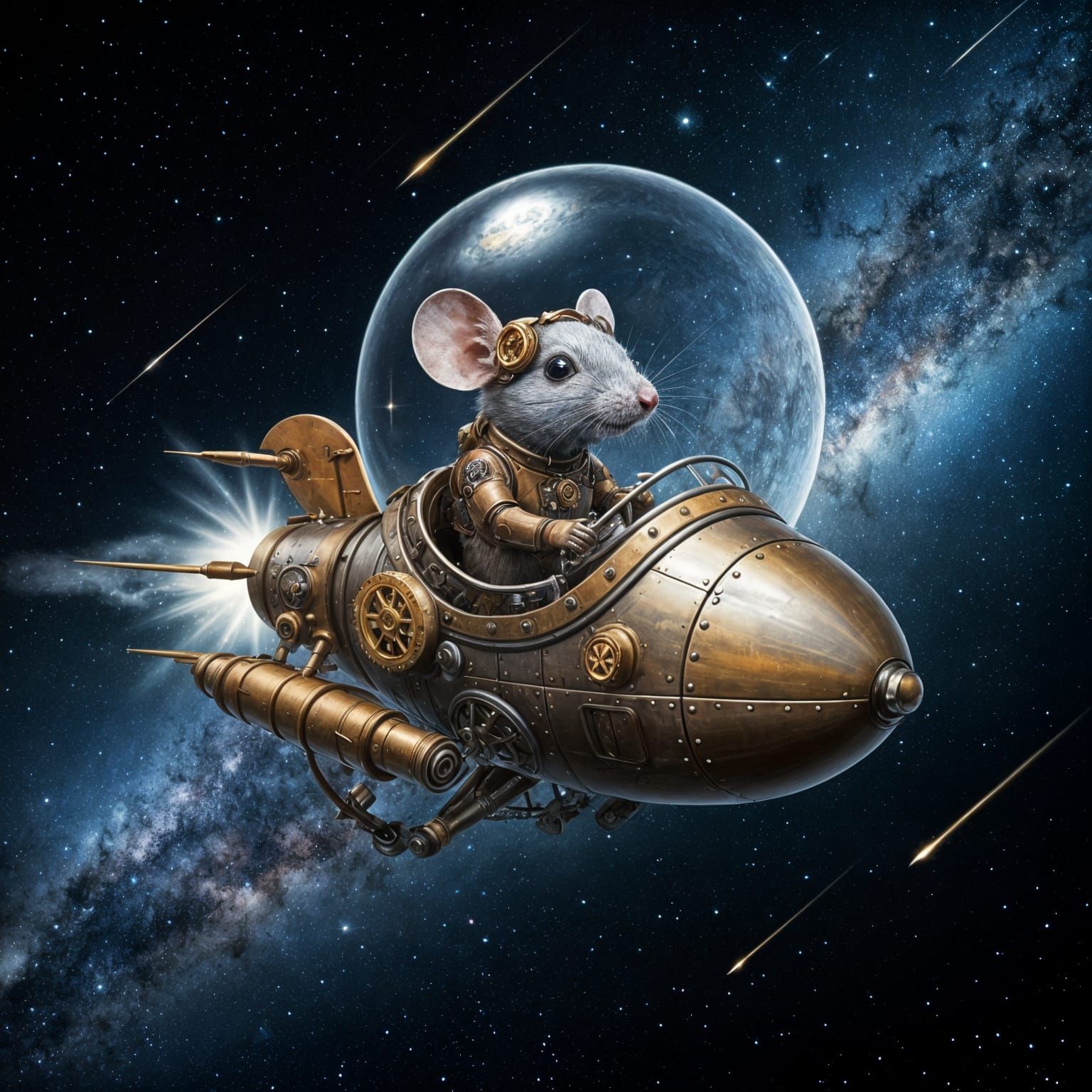 Steampunk Mouse Pilot in Spacecraft