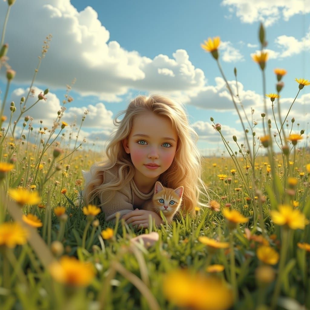 Girl and Kitten in Dreamlike Meadow, Digital Art