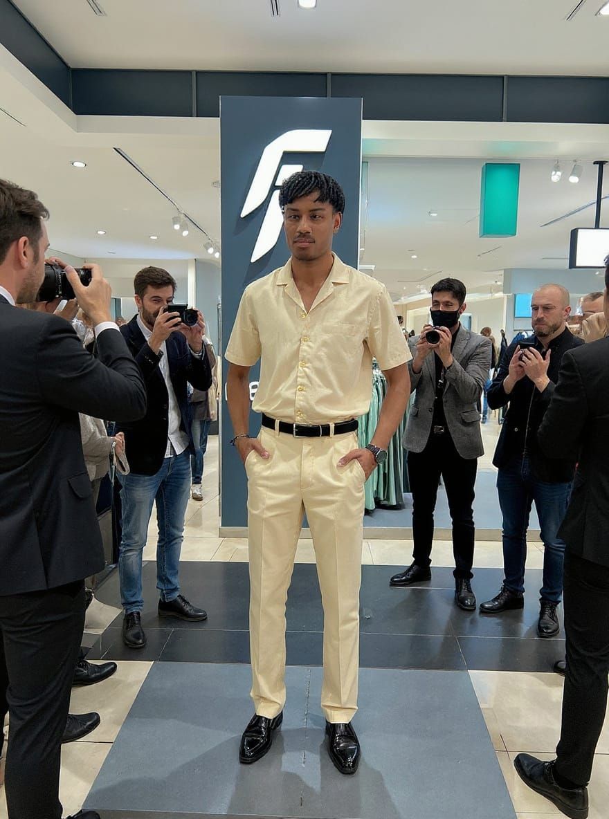 Model on International Runway with Photographers and Beige S...