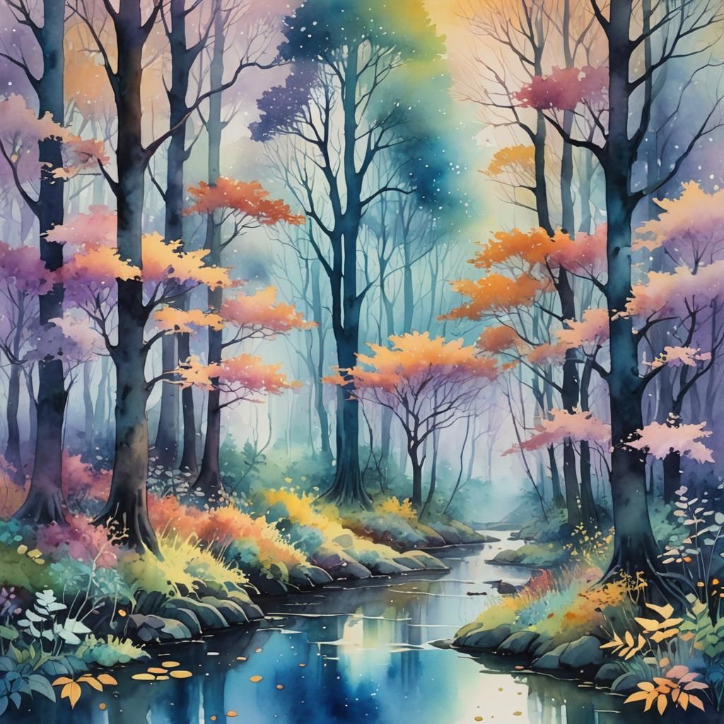 Whimsical Forest in Watercolor Painting Style